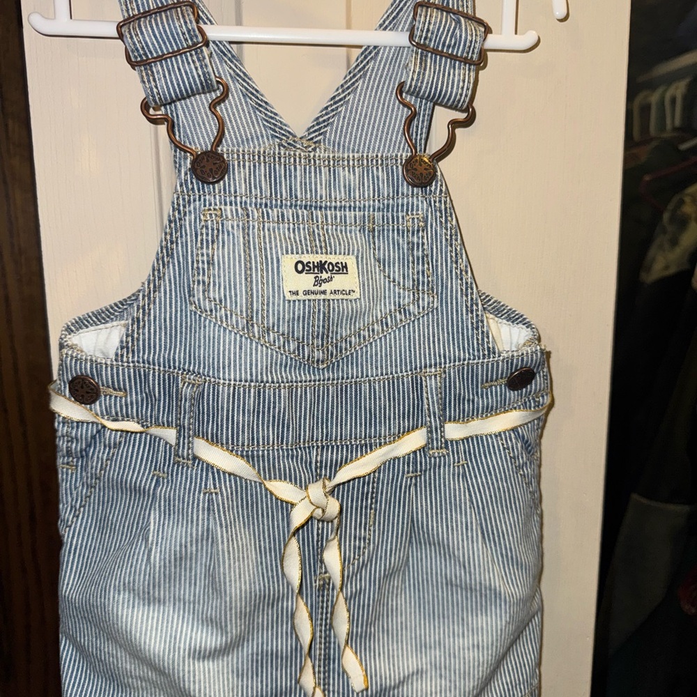 OshKosh B'gosh Blue & White Striped Denim Overalls with Tie Waist
